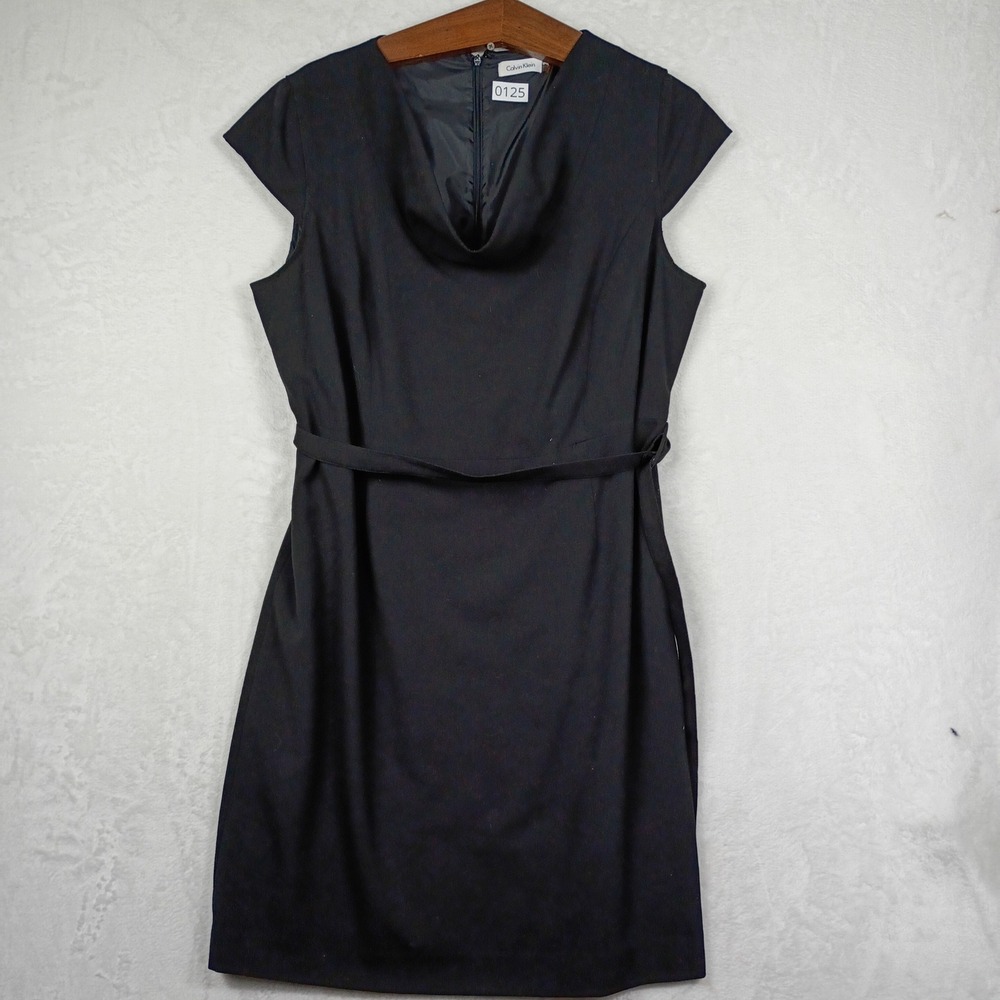 Calvin Klein Black Cowl Neck Belted Sheath Dress Womens Size 16W Cap Sleeve